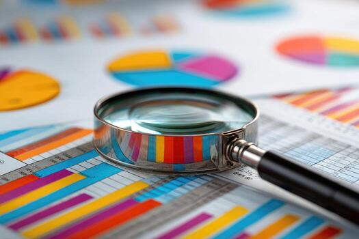 Magnifying glass on business charts and graphs photo