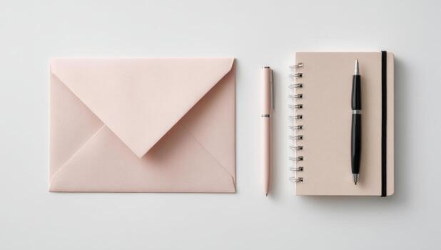 An open pink envelope, pen and notebook on a white surface photo