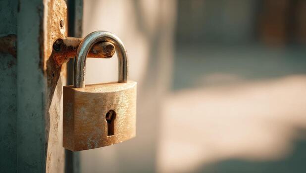 A padlock is shown on a door photo