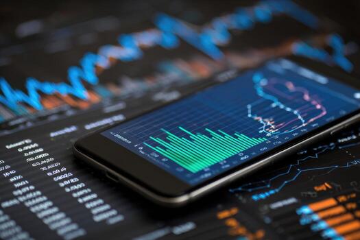 Smartphone with stock market graph on a table photo