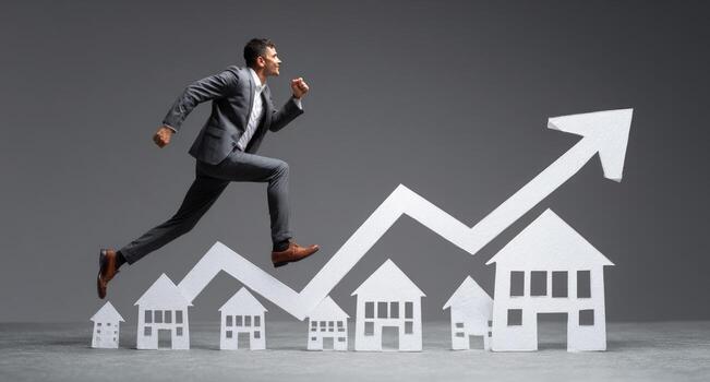 Businessman running on top of a graph with houses photo
