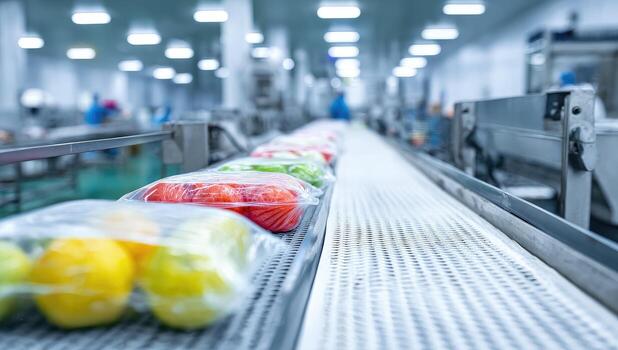 A conveyor belt with fruits and vegetables on it photo