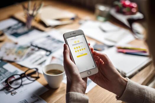 A woman using a smartphone to check the rating of a restaurant photo