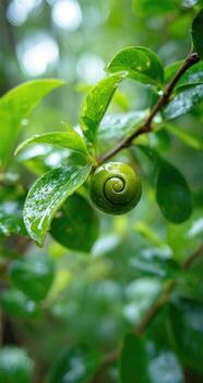 A green snail is sitting on a leaf photo