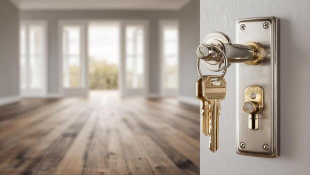 Key lock on a door handle in a room photo