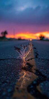 A tree with light coming from it is on the road photo