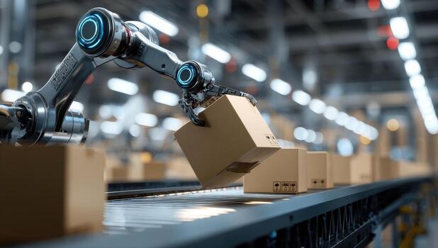 A robot is moving boxes on a conveyor belt photo