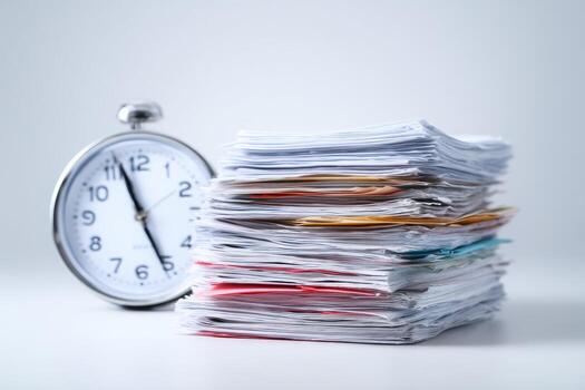 A stack of papers and an alarm clock on a white background photo