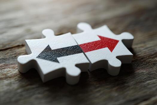 Two pieces of puzzle pieces with arrows pointing in opposite directions photo
