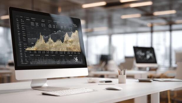 A desktop computer with a gold chart on the screen photo