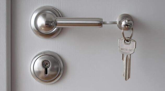 A key and a lock on a door photo