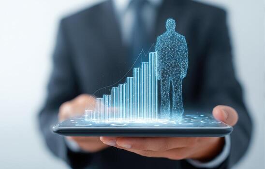 Businessman holding tablet with graph and business man on it photo