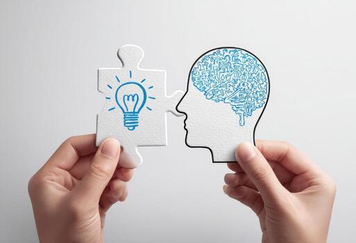 Two hands holding puzzle pieces with a light bulb on top photo