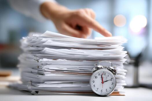 A person is pointing at a stack of papers with an alarm clock photo