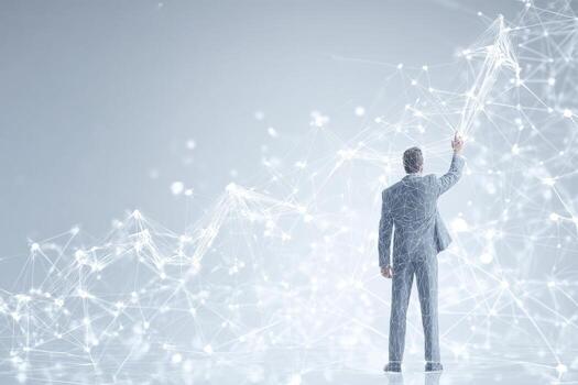 Businessman in suit holding up graph line photo