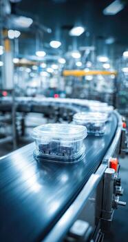 A conveyor belt with plastic containers on it photo