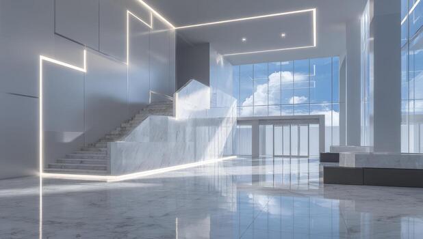 A modern lobby with marble floors and stairs photo