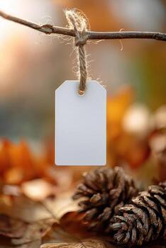 Autumn leaves and blank tag hanging on a branch photo