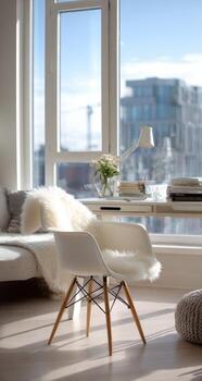 A white chair and a table in front of a large window photo