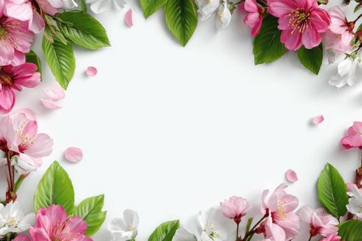 Spring flowers frame with copy space on white background photo