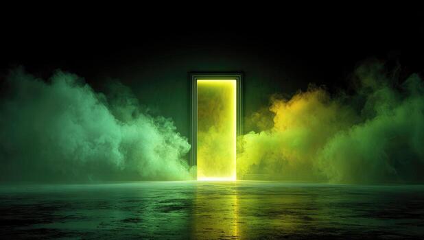 un abierto puerta en un oscuro habitación con fumar viniendo fuera foto