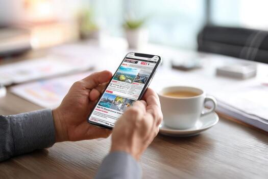 Man using smartphone to read news on screen photo