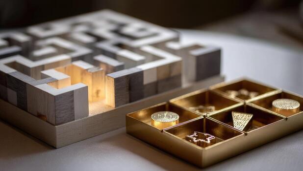 A box with a maze inside of it and some gold coins photo