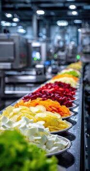 A line of vegetables on a conveyor belt photo