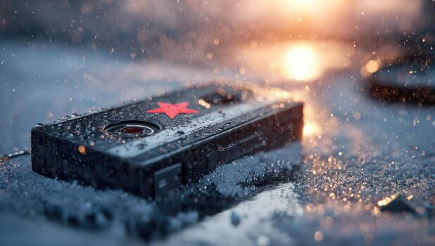 A cassette player sitting in the snow with the sun shining photo