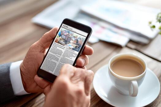Man using smartphone to read newspaper on table photo