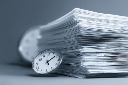 A stack of papers with a clock sitting on top photo