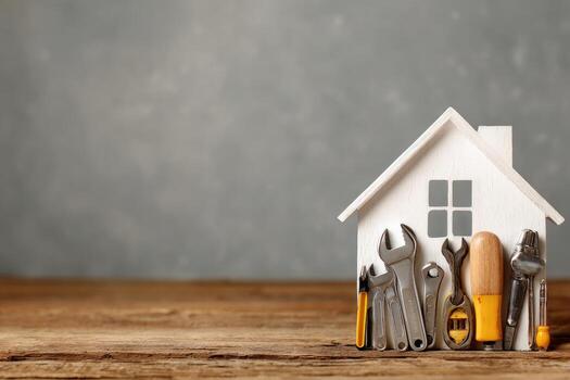 A house with tools in it and a wall with a gray background photo