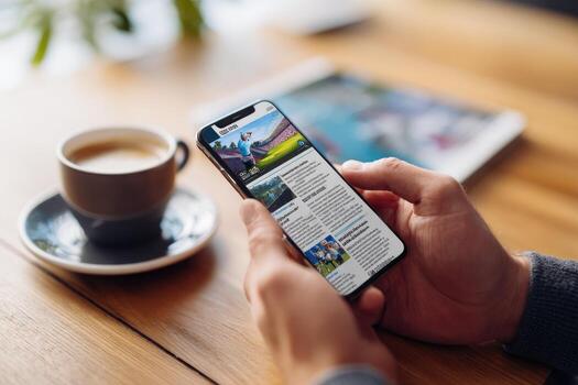 Man using smartphone to read news on the table photo