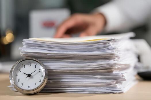 A stack of papers with a clock on top of it photo