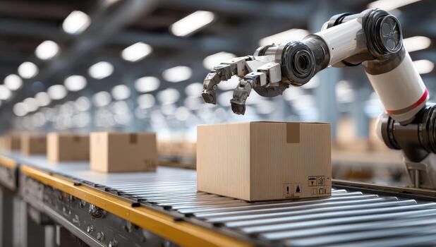 A robot is picking up boxes on a conveyor belt photo