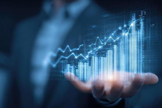 Businessman holding up a graph on a screen photo