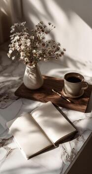 A notebook, a cup of coffee and a vase of flowers sit on a marble table photo