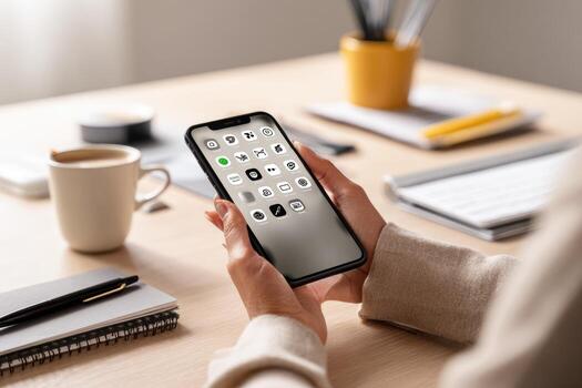 A woman using an iphone with a green icon on the screen photo