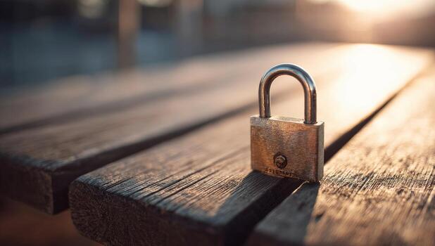 A lock on a wooden bench with the sun in the background photo