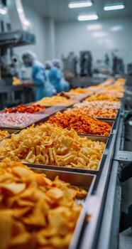 Food processing line with workers in the background photo