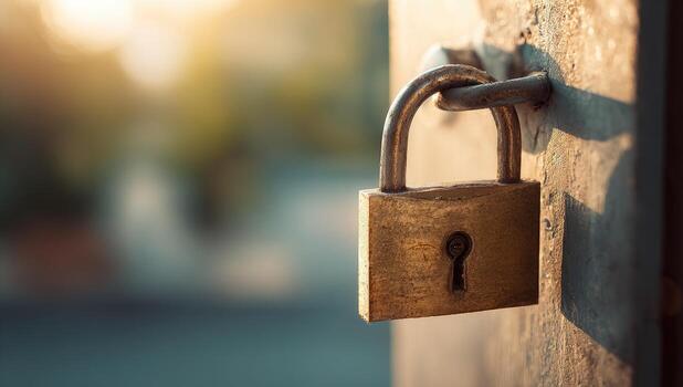 A lock on a door with a sun shining through the window photo