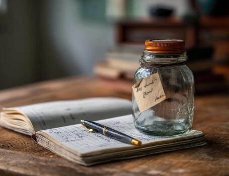 A mason jar with a note and pen on a wooden table photo