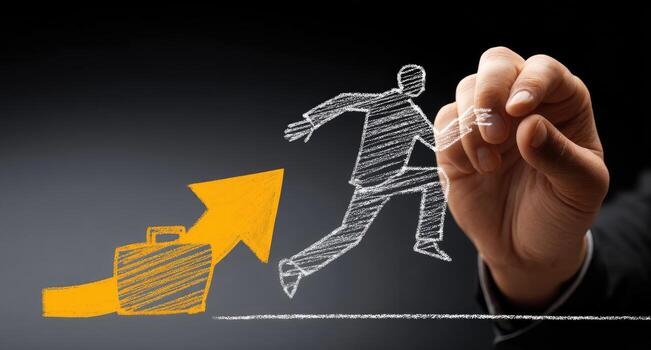 Businessman drawing on a chalkboard with a business man running up a hill photo