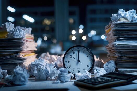 A clock and piles of paper on a desk photo