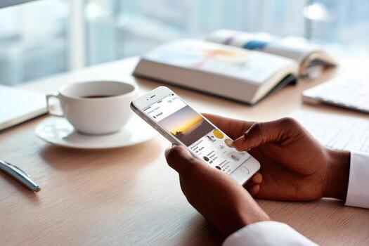 A person is using their phone on a desk photo