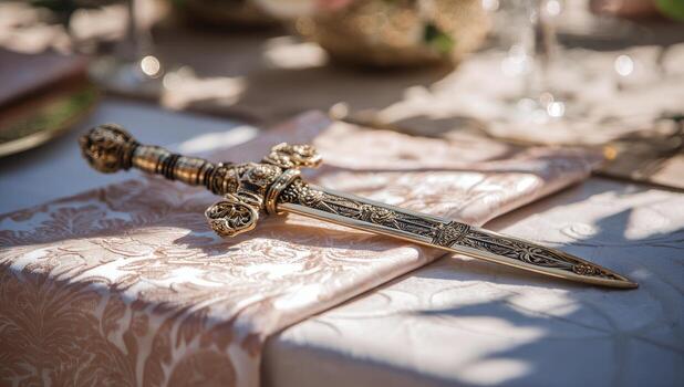 A gold dagger on a table with a napkin photo