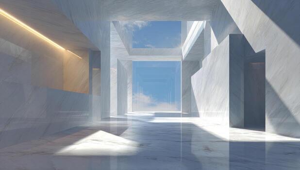 A white marble hallway with a sky view photo