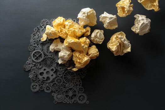 A head with crumpled paper and gears photo