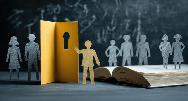 Paper cutouts of people standing in front of an open book with a keyhole photo