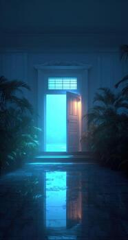 A door to a dark room with a light shining through it photo